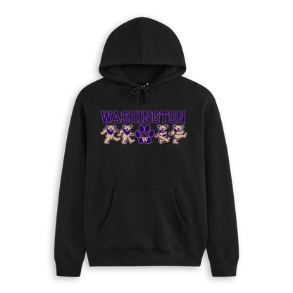 Black Washington hoodie featuring Grateful Dead mascot bears and purple collegiate text. Class Trip | Officially Licensed Collegiate Apparel