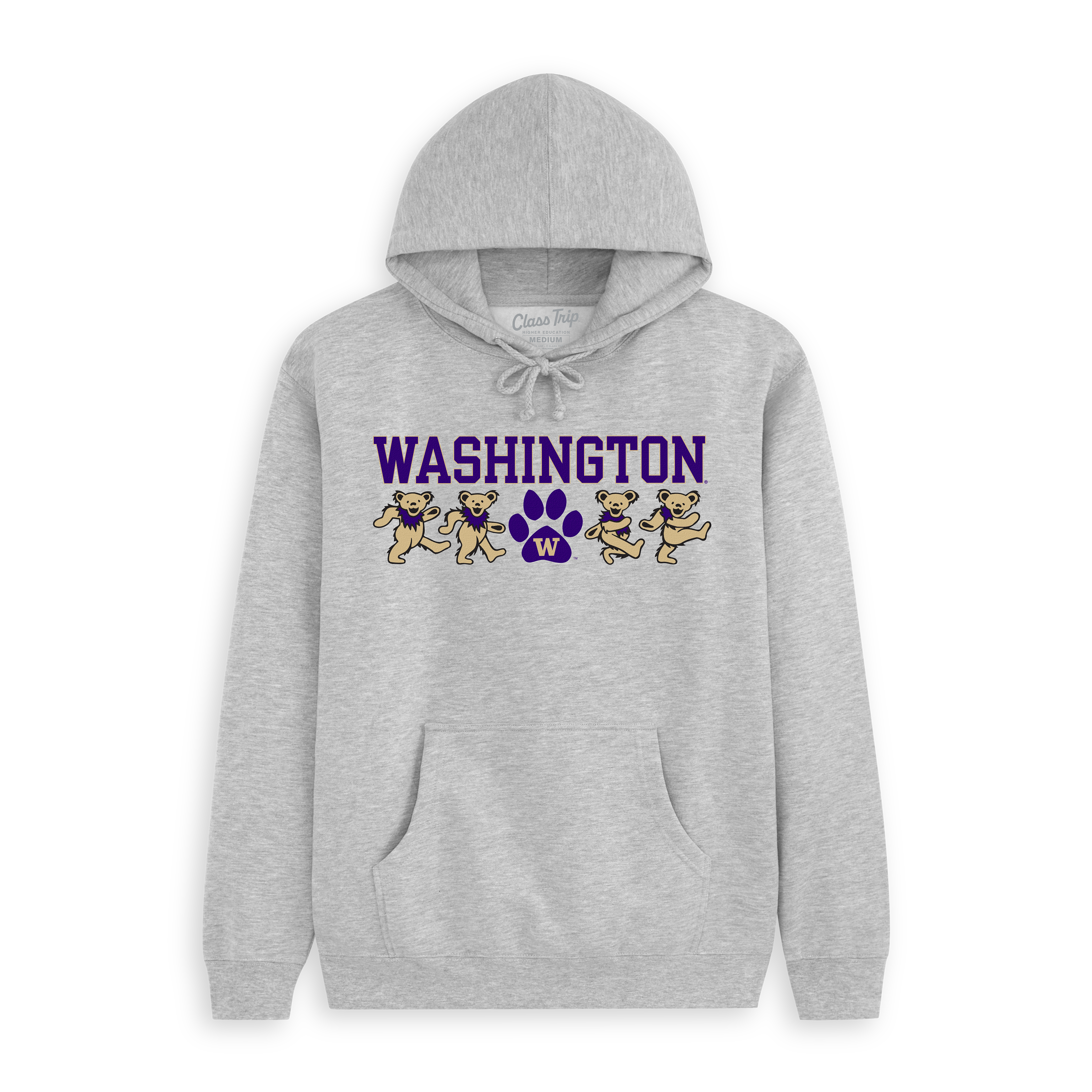 Gray Washington hoodie with dancing bear mascots and purple paw print design. Class Trip | Officially Licensed Collegiate Apparel