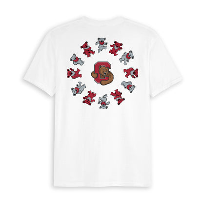 White t-shirt with dancing bears circling a roaring bear in a red 'C', Class Trip | Officially Licensed Collegiate Apparel