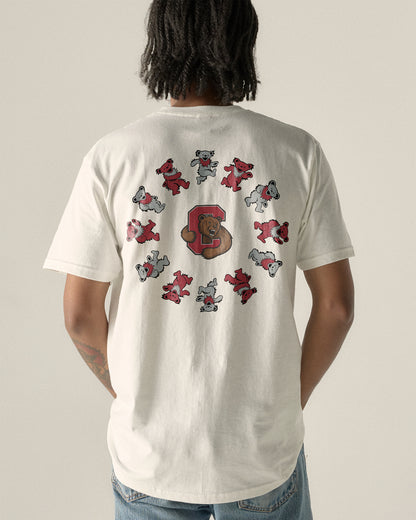 Cream t-shirt with dancing bears and large 'C' logo, collegiate apparel. Class Trip | Officially Licensed Collegiate Apparel