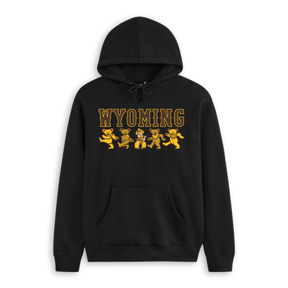 Black Wyoming hoodie with collegiate gold lettering and cartoon bears on front | Class Trip | Officially Licensed Collegiate Apparel