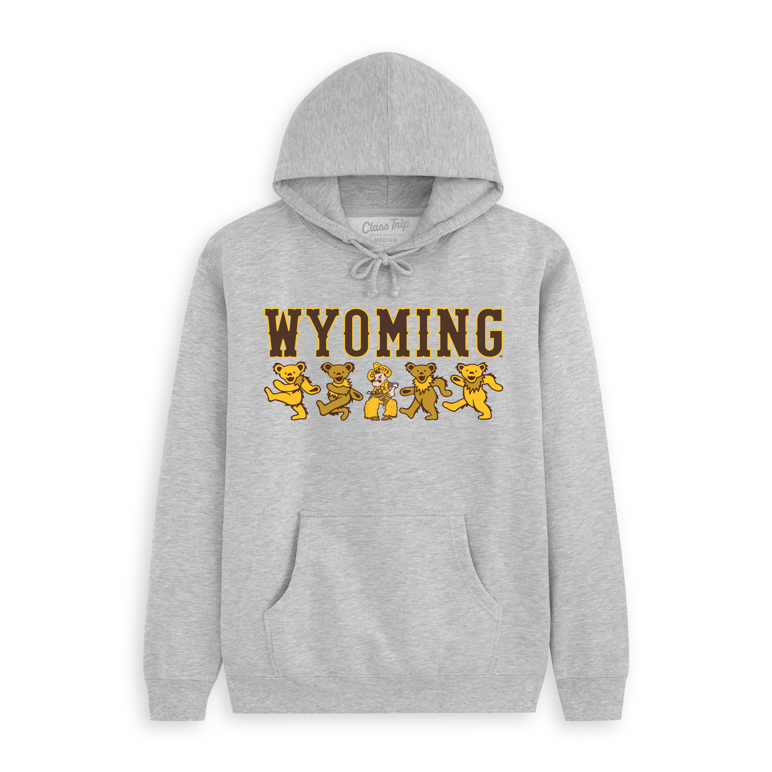 Gray Wyoming hoodie with dancing bear mascot graphics, collegiate style. Class Trip | Officially Licensed Collegiate Apparel