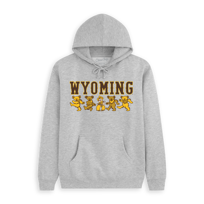 Gray Wyoming hoodie with dancing bear mascot graphics, collegiate style. Class Trip | Officially Licensed Collegiate Apparel