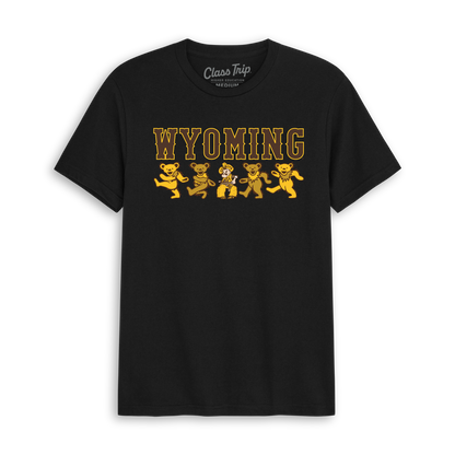 Black Wyoming collegiate t-shirt with yellow mascot bears and bold WYOMING text, Class Trip | Officially Licensed Collegiate Apparel