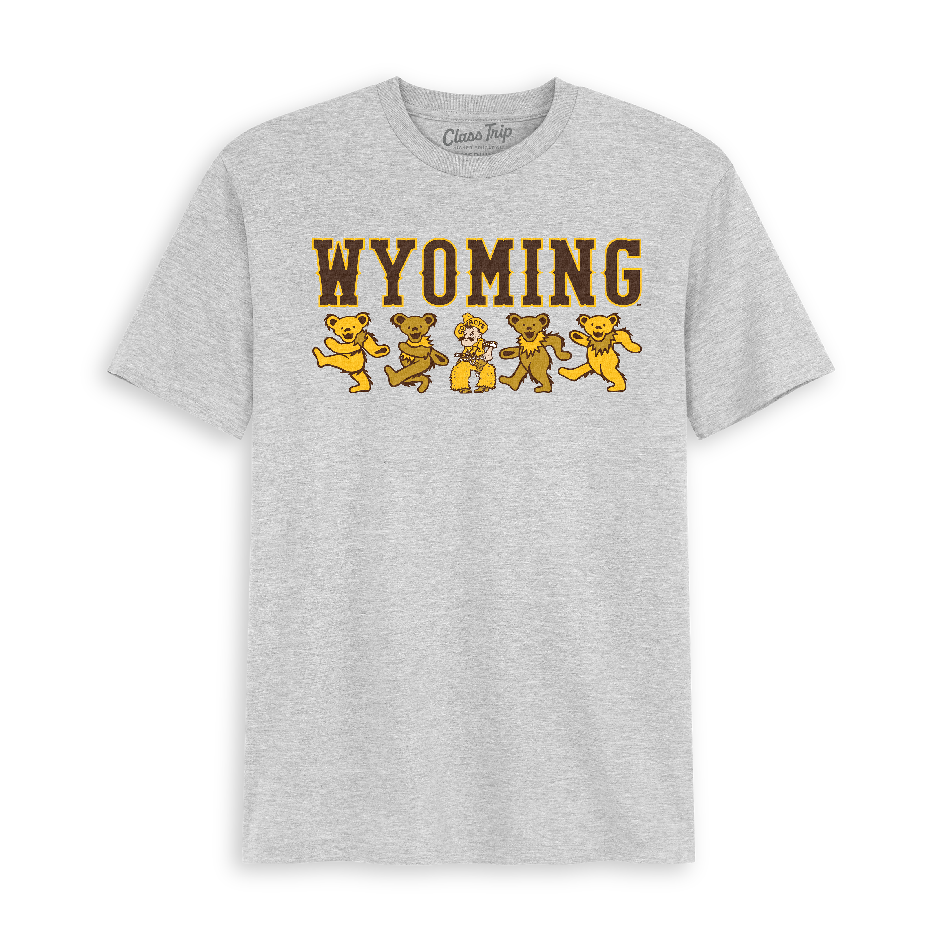 Grey Wyoming t-shirt with dancing mascot bears graphic. Class Trip | Officially Licensed Collegiate Apparel