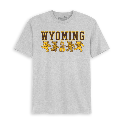 Grey Wyoming t-shirt with dancing mascot bears graphic. Class Trip | Officially Licensed Collegiate Apparel