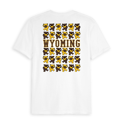 White Wyoming t-shirt with stacked yellow and brown dancing bears and bold WYOMING text, Class Trip | Officially Licensed Collegiate Apparel